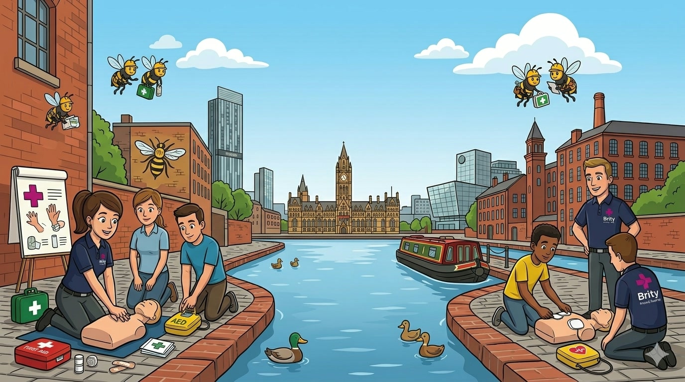 First aid training in Manchester — illustrated canalside scene with CPR and AED practice