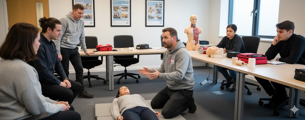 Workplace first aid training session with CPR mannequin